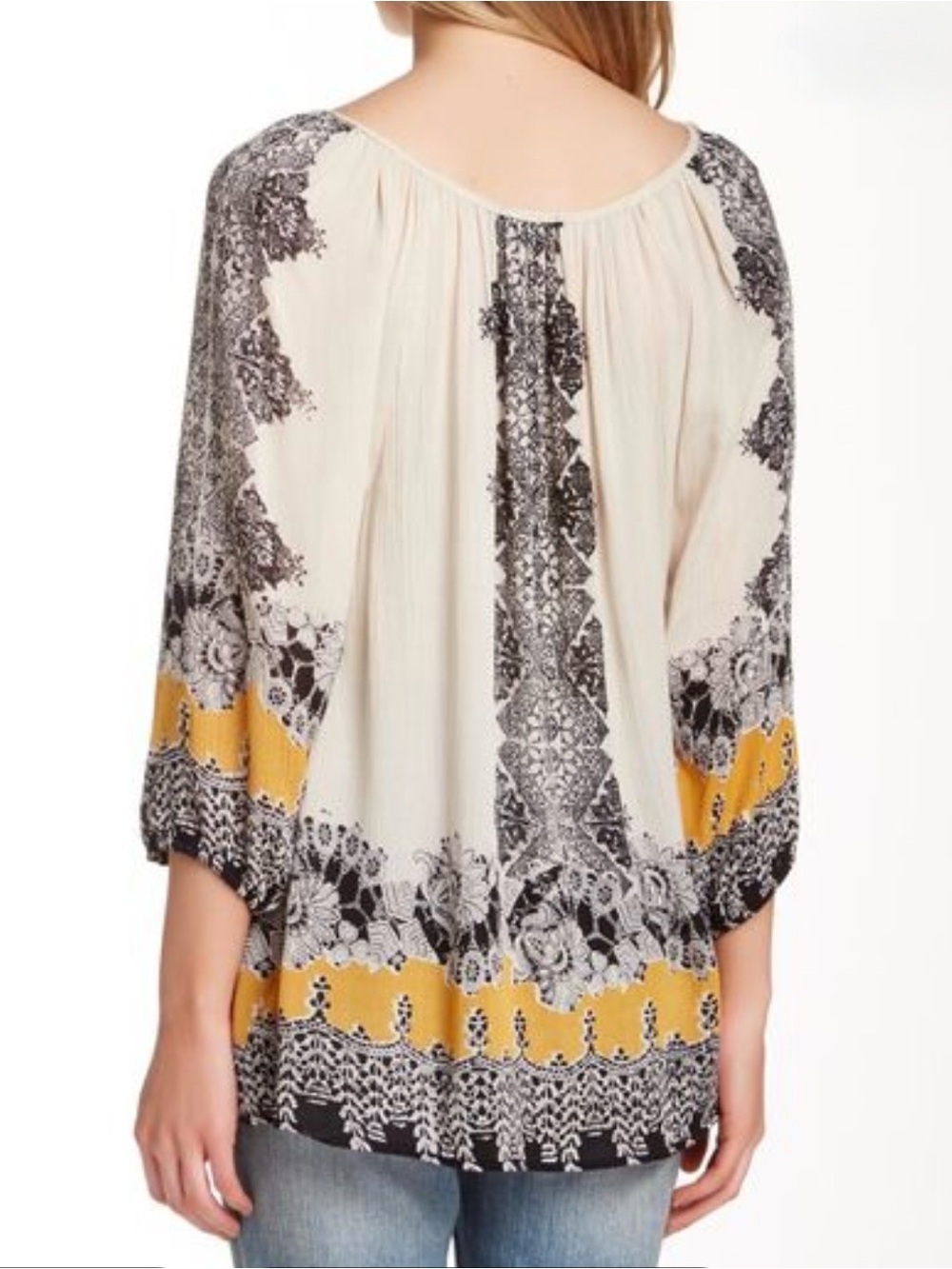 Angie Boho Geometric festivalTunic Blouse Cream Mustard Yellow Black size Small - Picture 5 of 5